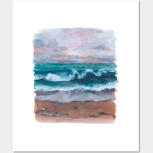 Waves crashing on beach watercolour Posters and Art